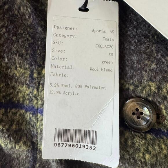 NEW Aporia.AS Wool Blend Plaid Brown Green Long Winter Coat XS leather trim - Picture 7 of 9